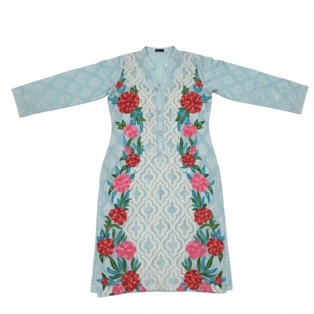 Agha Noor‎ Vtg Embroidered Kurti Tunic Top Light Blue Floral Pearl Buttons Sz S